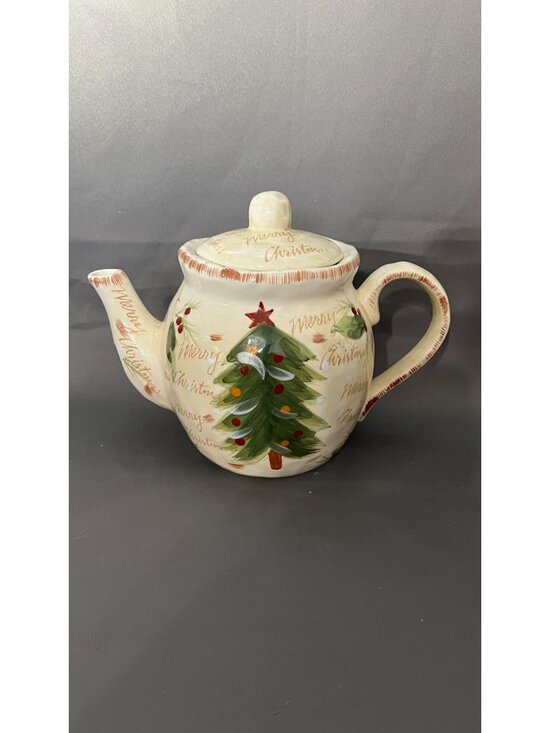 Other - Christmas Ceramic Teapot Hand-Painted With Tree & Holly Design "Merry Christmas"